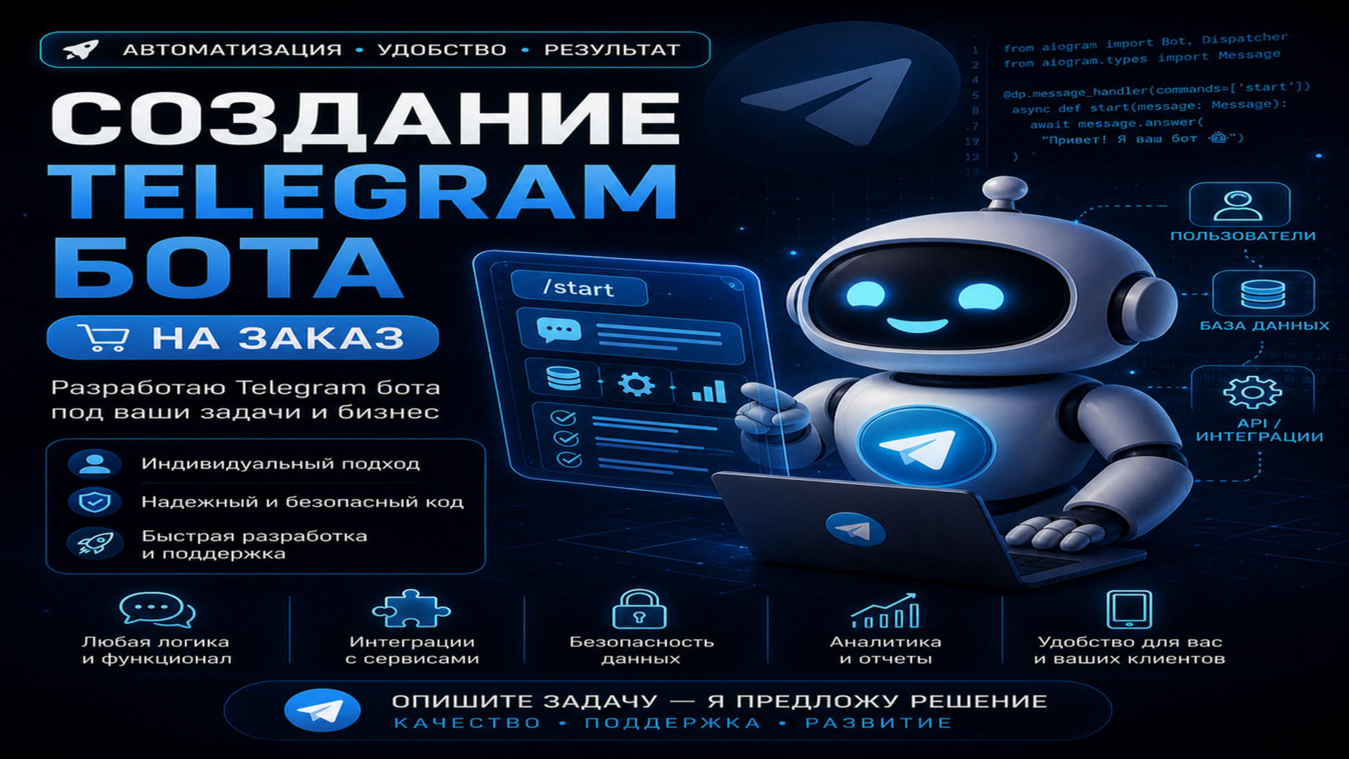 Разработаю Telegram-бота для вашего бизнеса с интеграциями и базой данных