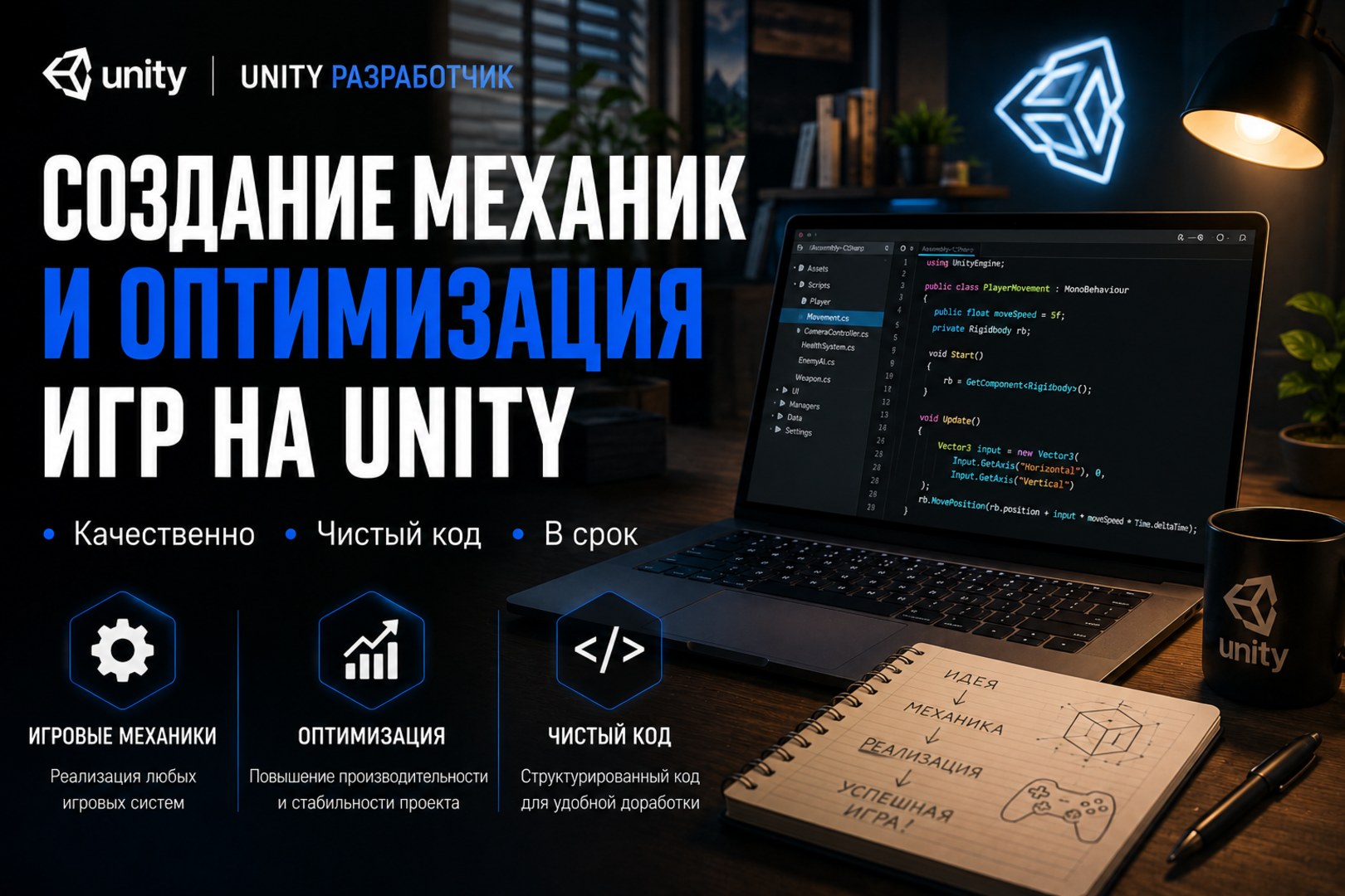 Оптимизирую проект, создам игровые механики и прототип игры на Unity
