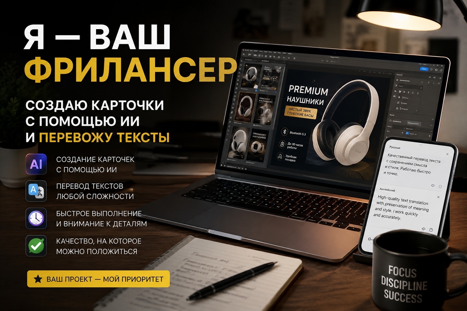 Создам карточку товара и переведу текст с использованием AI