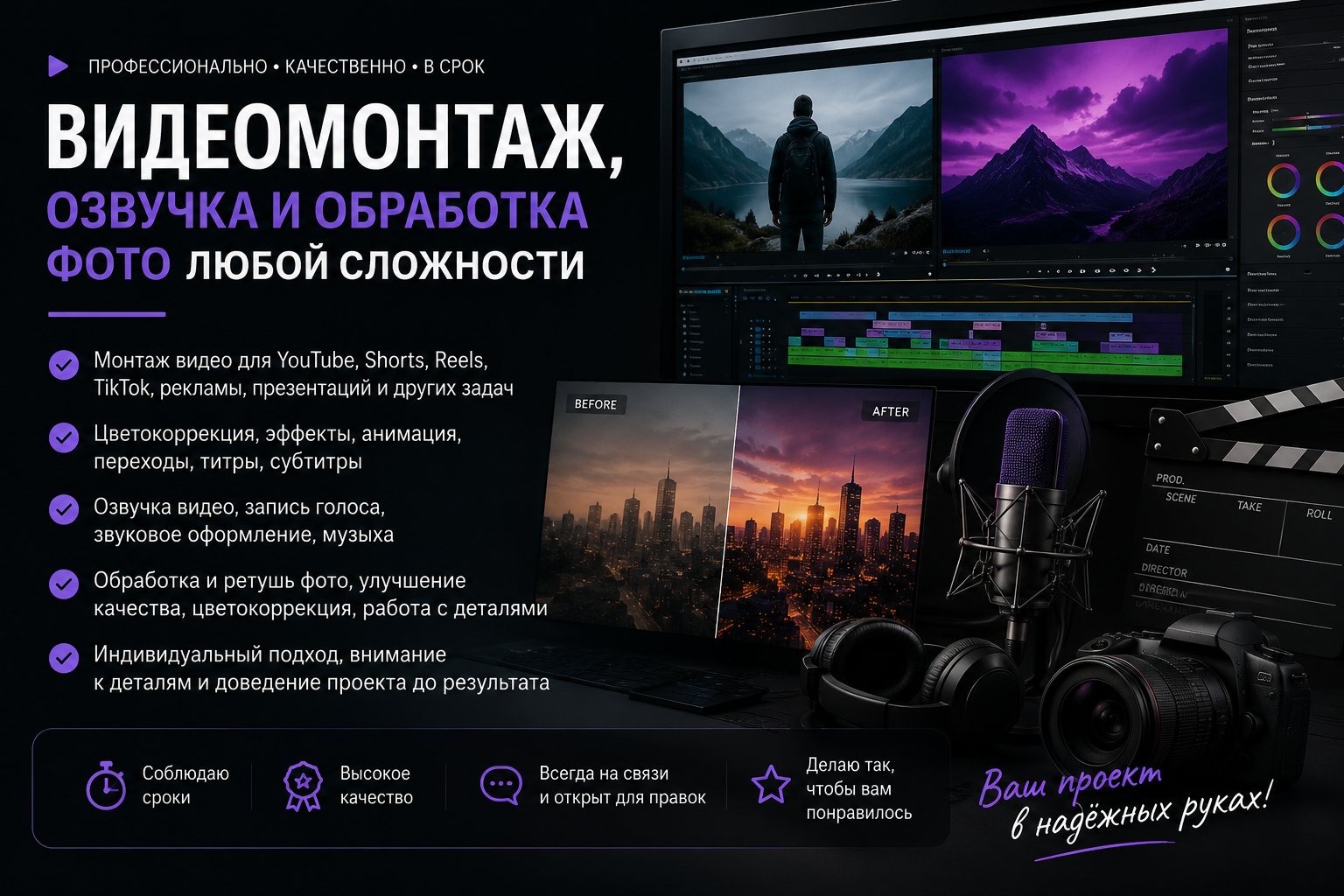 Сделаю видеомонтаж, фотообработку и озвучку за 2 дня