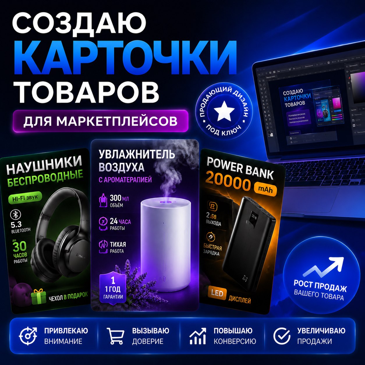 Дизайн карточек товаров для маркетплейсов с быстрым сроком выполнения