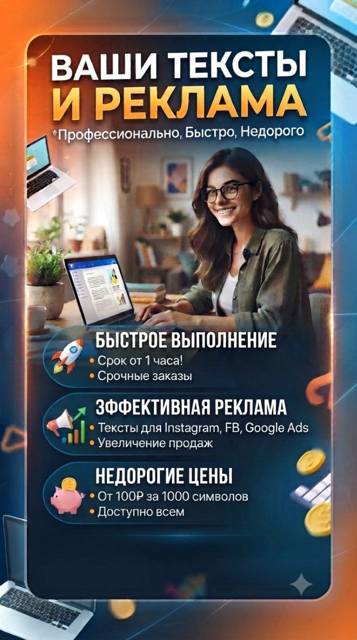 Создам тексты для рекламы и любых проектов с учётом ваших пожеланий