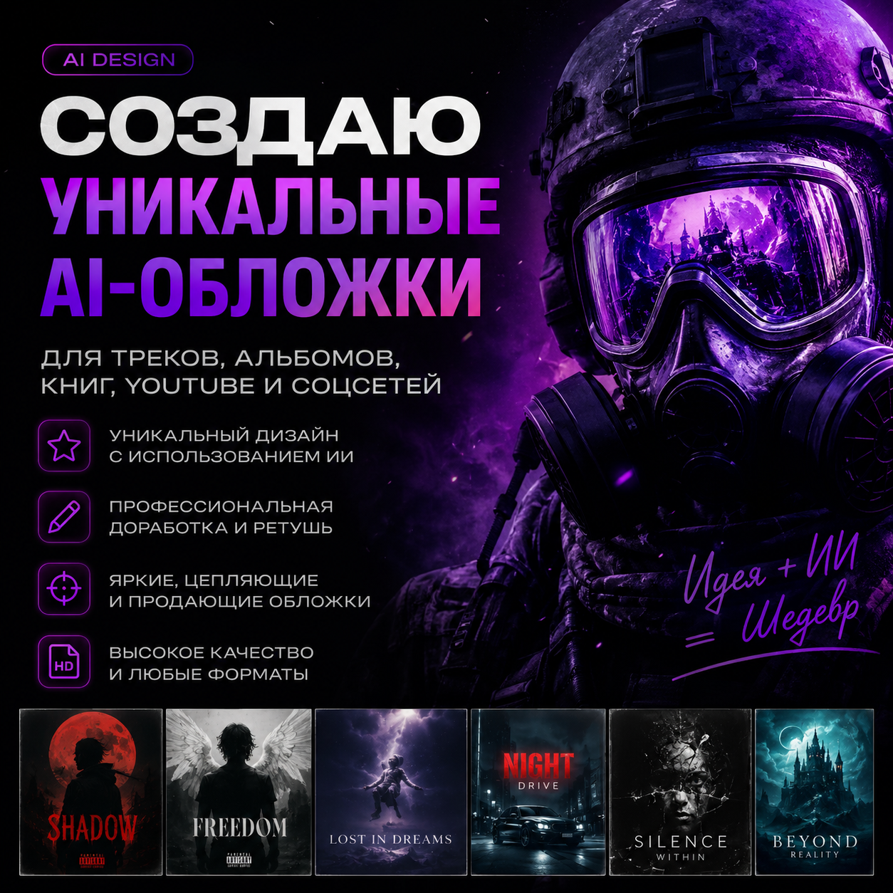 Создам уникальные AI-обложки для треков, книг и соцсетей