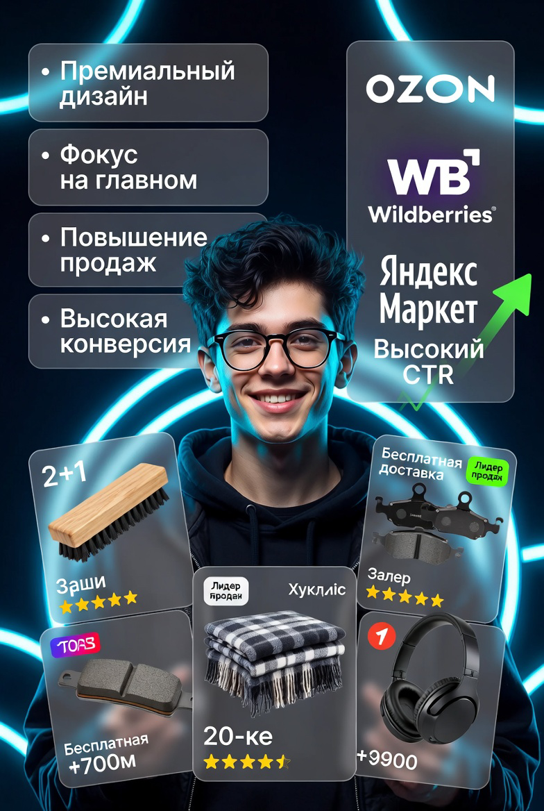 Дизайн карточек товаров для маркетплейсов с инфографикой и ретушью фото