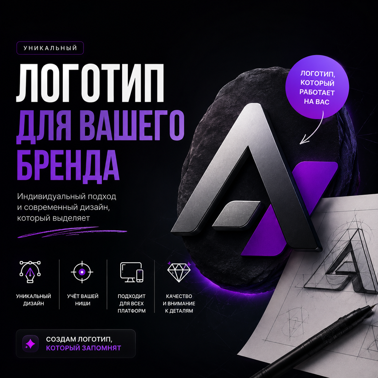 Разработка уникального плоского логотипа для бренда, сайта и бизнеса