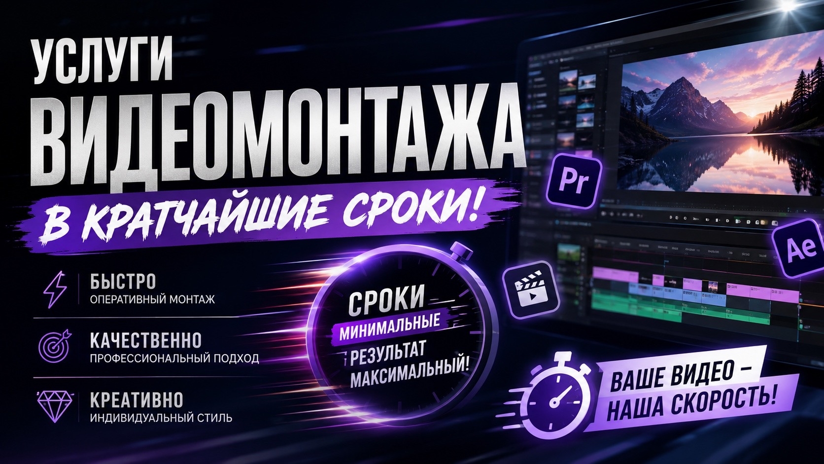 Монтаж видеороликов для YouTube, Shorts/Reels, Клипы