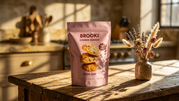 Товар: Тесто для печенья (cookie dough) с шоколадной крошкой от бренда «BROOKI».
Упаковка: Стильный вертикальный пакет (дой-пак) нежно-розового цвета. На лицевой стороне изображена аппетитная стопка из трех золотистых печений с кусочками темного шоколада.
Композиция: Продукт расположен на темной зеркальной поверхности с легкой рябью воды. Это создает эффект глубины и премиальности.
Освещение: Драматичный «low-key» свет подчеркивает текстуру упаковки и выделяет логотип, оставляя фон в глубоких тенях.
Атмосфера: Минимализм и чистота линий делают фото идеальным для карточки товара на таких маркетплейсах, как Wildberries или Ozon, где важно зацепить взгляд покупателя качественным визуалом
