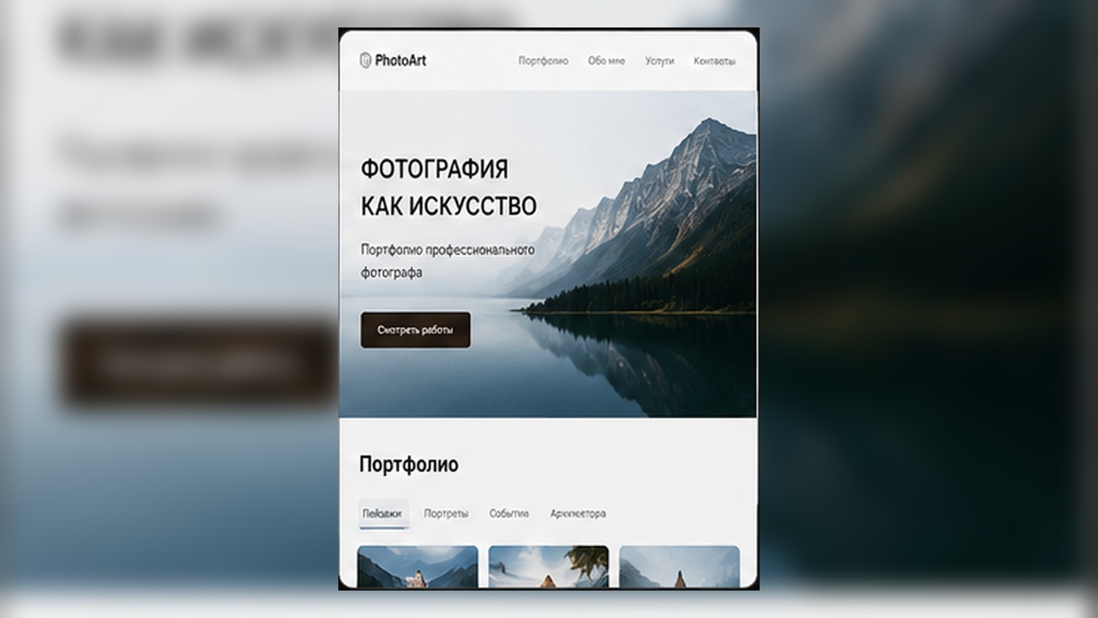 Минималистичный сайт-портфолио для фотографа. Главный акцент сделан на работах автора, чтобы интерфейс не отвлекал от фотографий. Предусмотрены галерея, информация об услугах, контакты и форма заявки на съёмку.